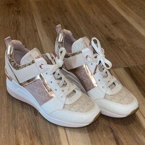 Michael Kors White and Rose Gold Wedge Sneakers